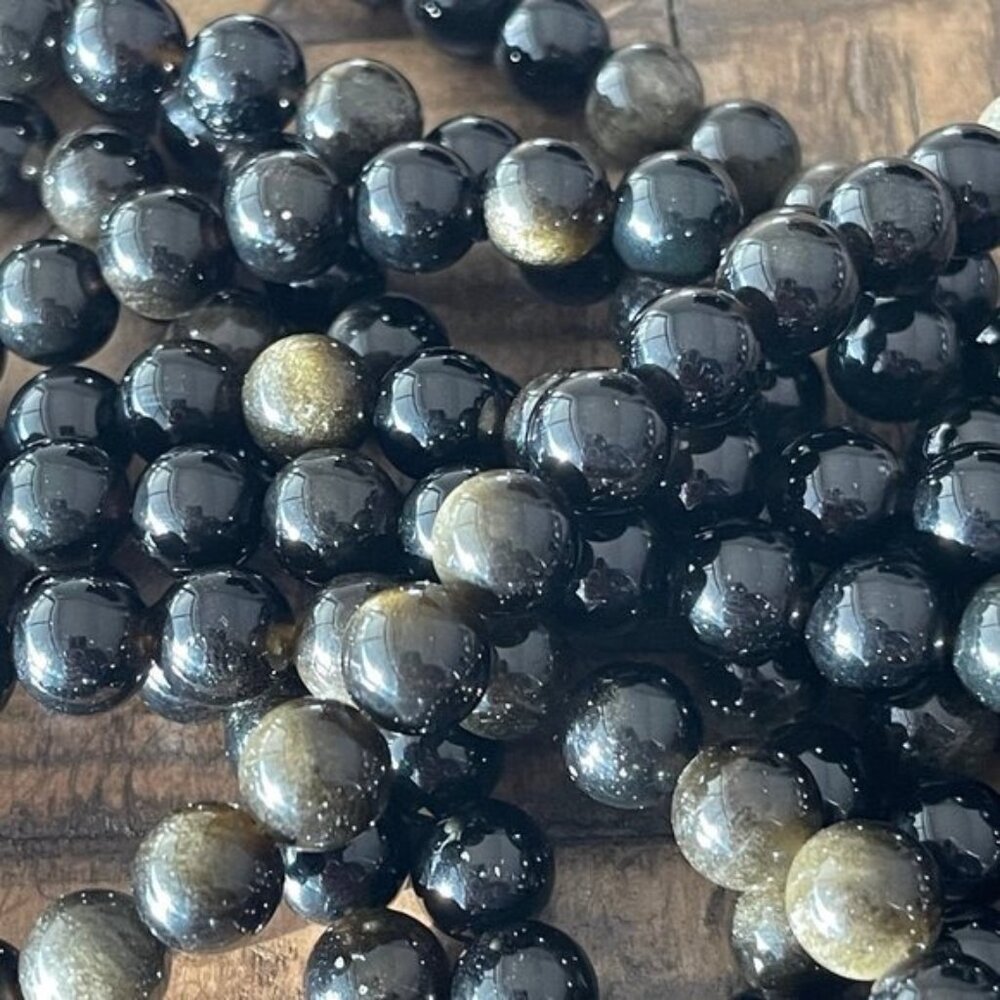 8mm Grade AA Black Gold Sheen Obsidian Bead Strand